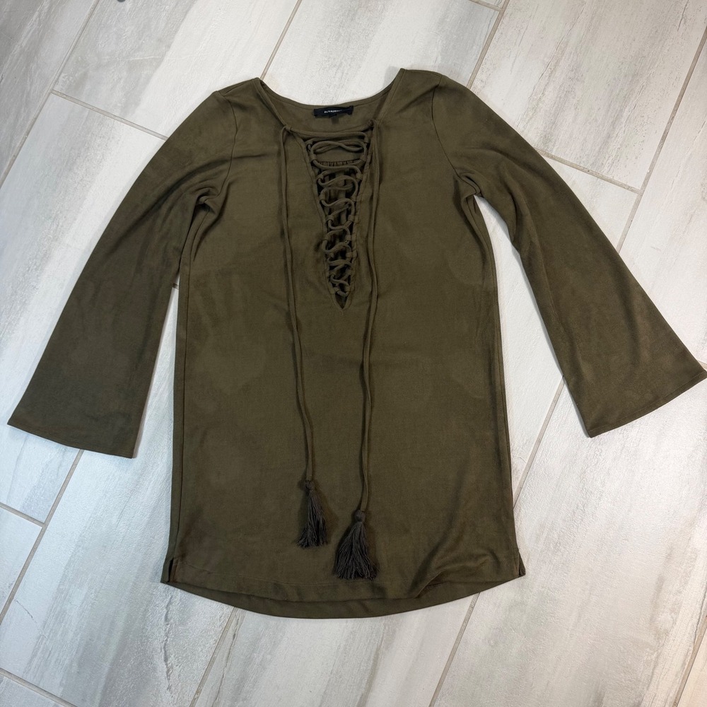 Olivaceous Olive Green Faux Suede Lace Up Tassel Tunic Bell Sleeve Small